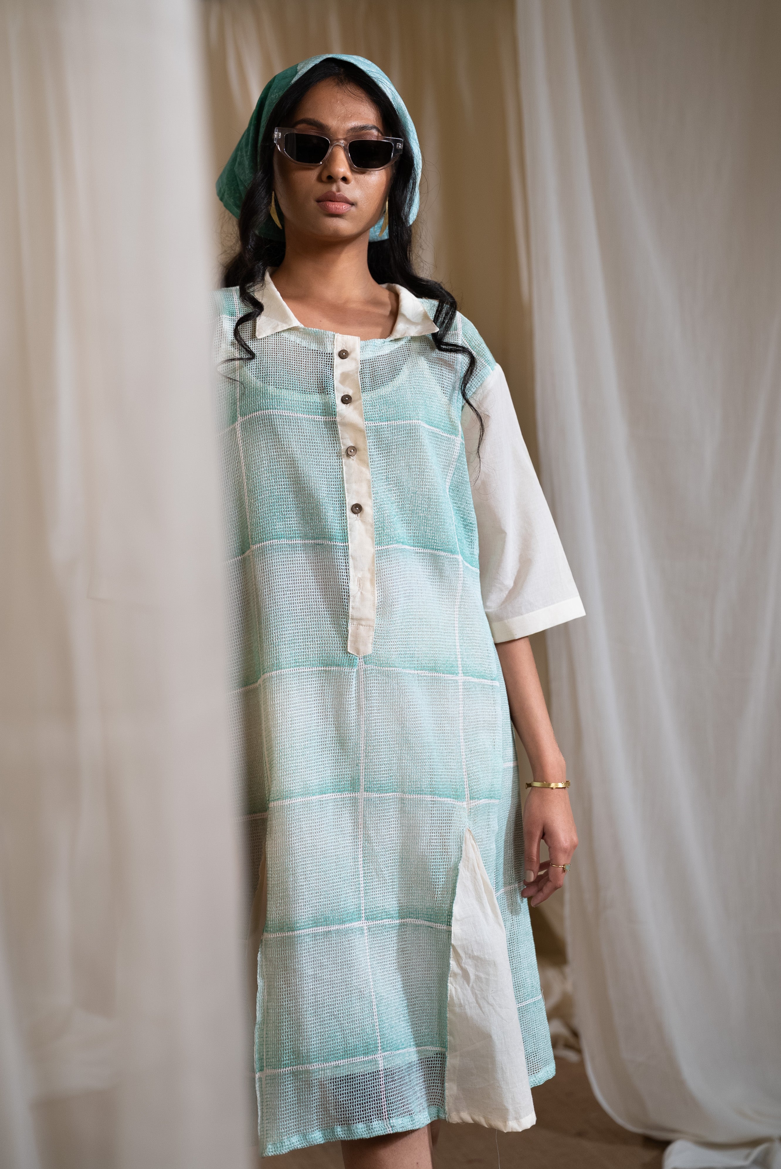 MARINA aqua lily mesh dress with slip