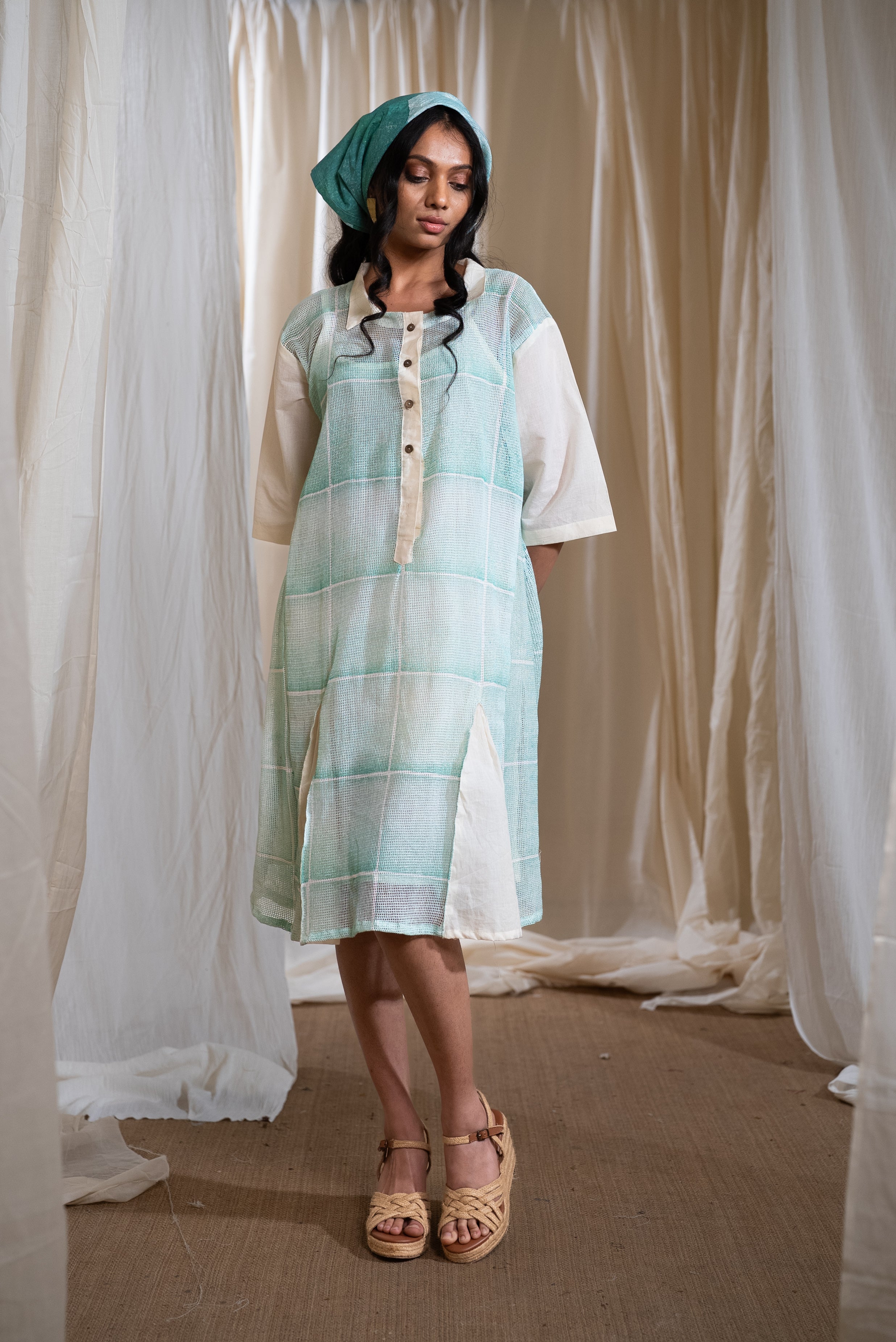 MARINA aqua lily mesh dress with slip