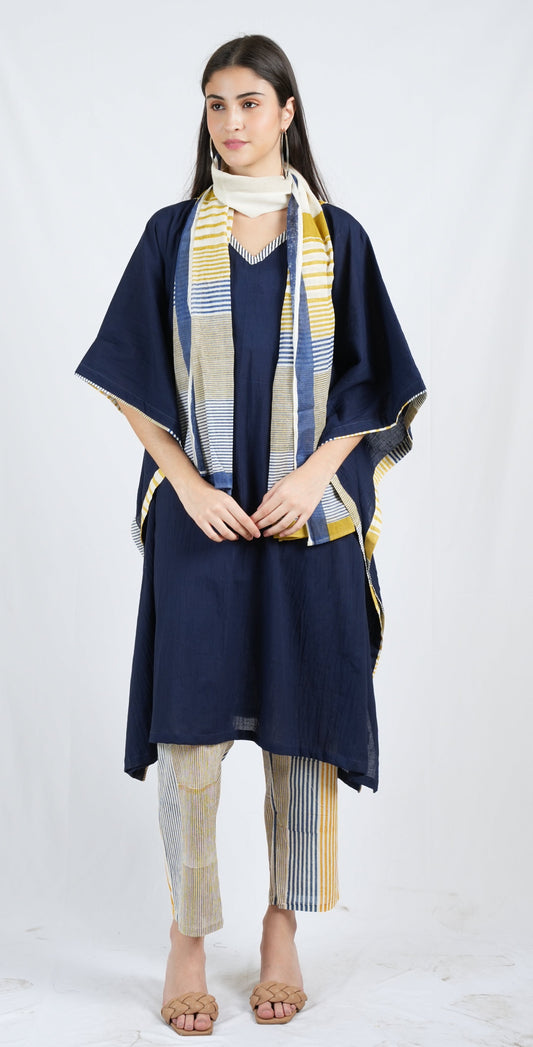 Plain Blue Twister Kaftan with Pants and Stole (Set of 3)