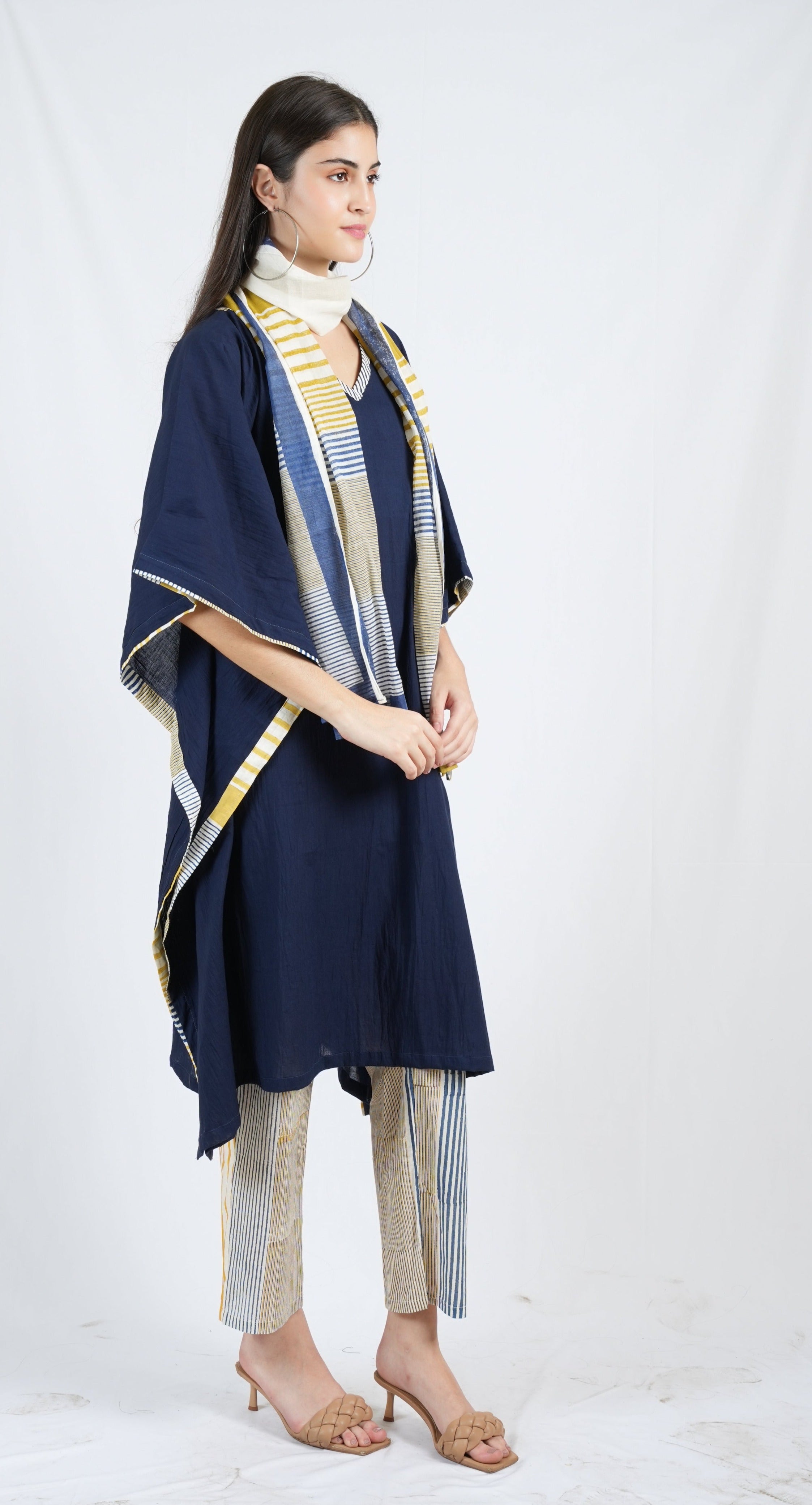 Plain Blue Twister Kaftan with Pants and Stole (Set of 3)
