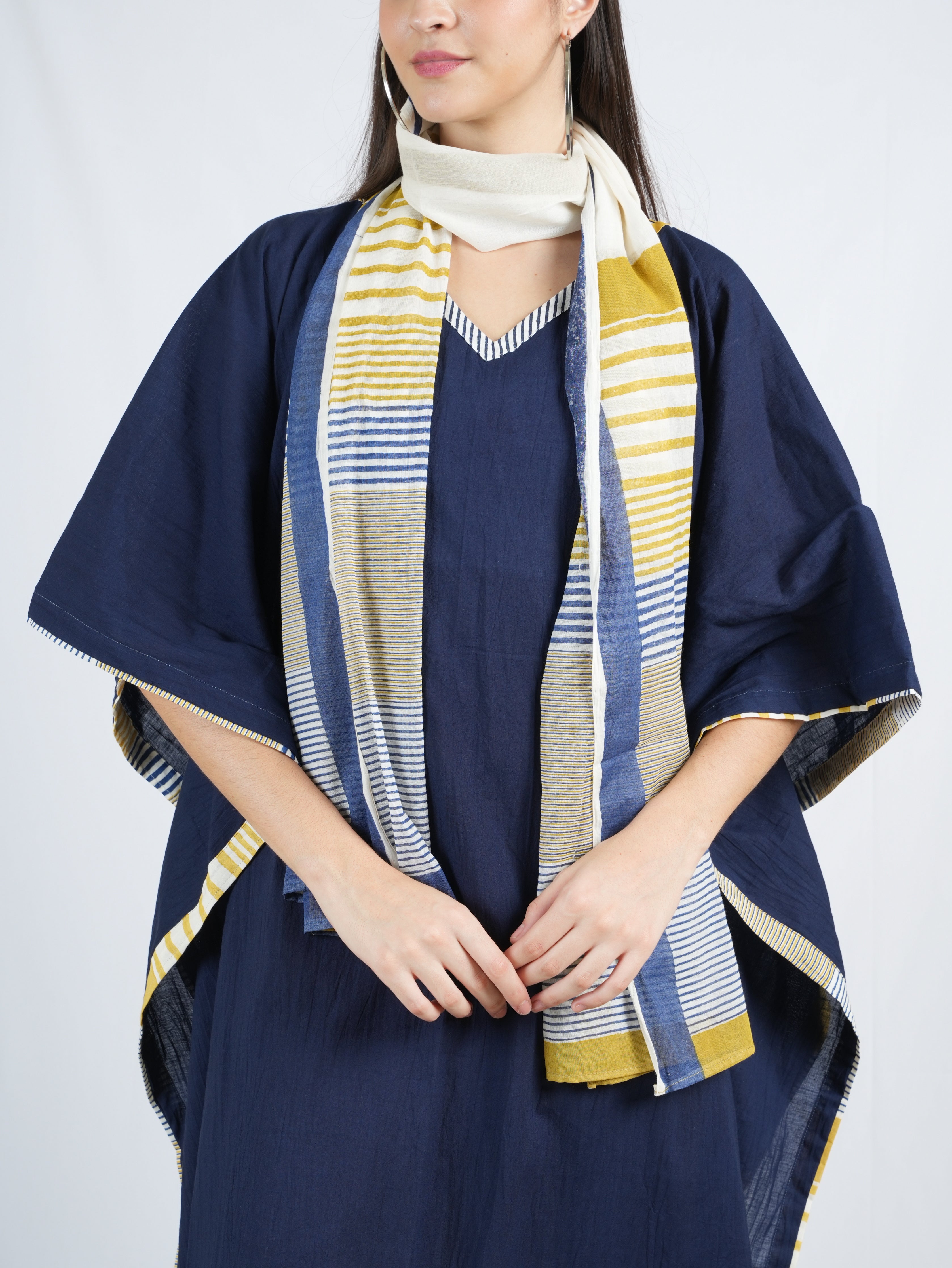 Plain Blue Twister Kaftan with Pants and Stole (Set of 3)