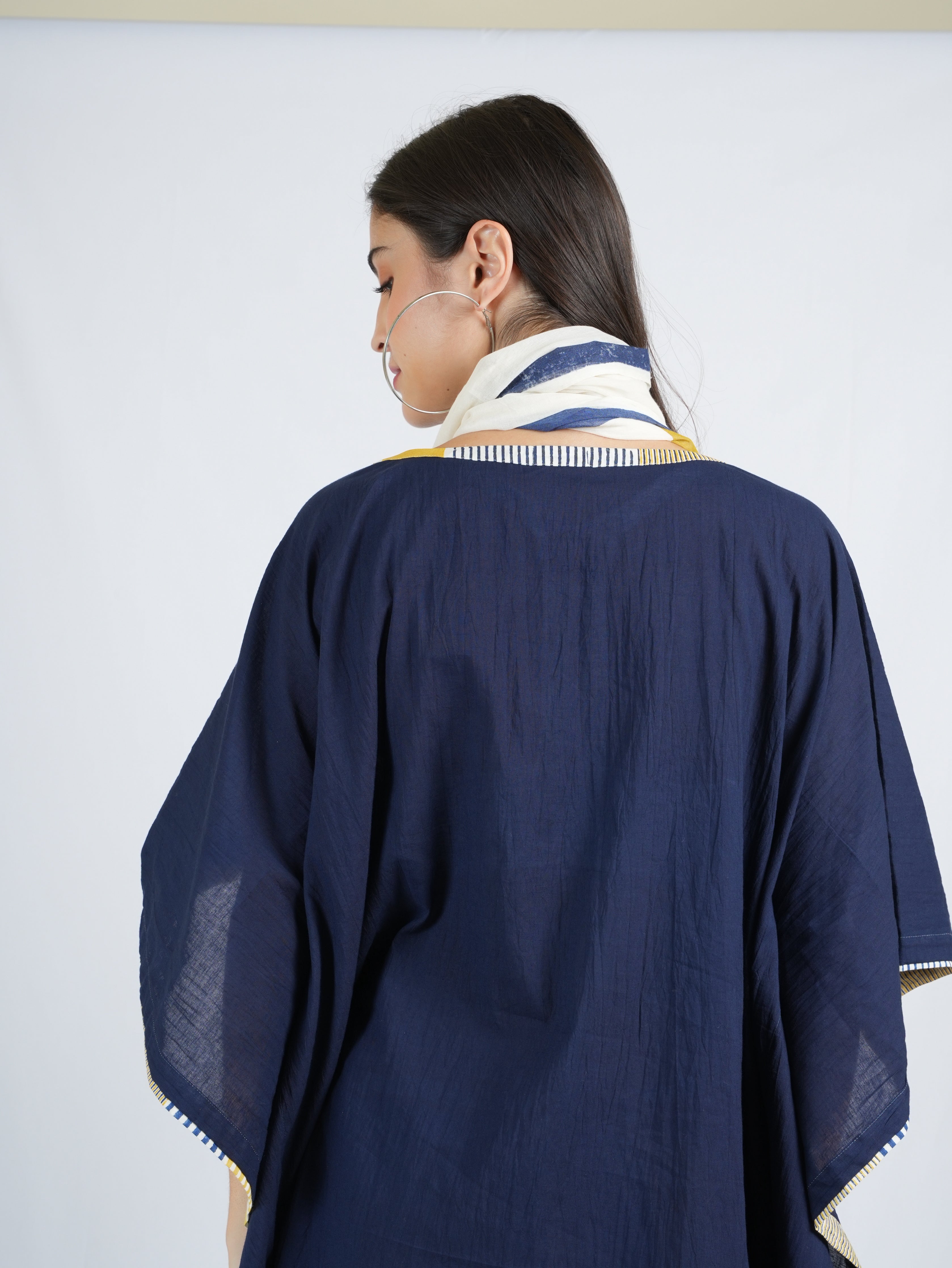 Plain Blue Twister Kaftan with Pants and Stole (Set of 3)