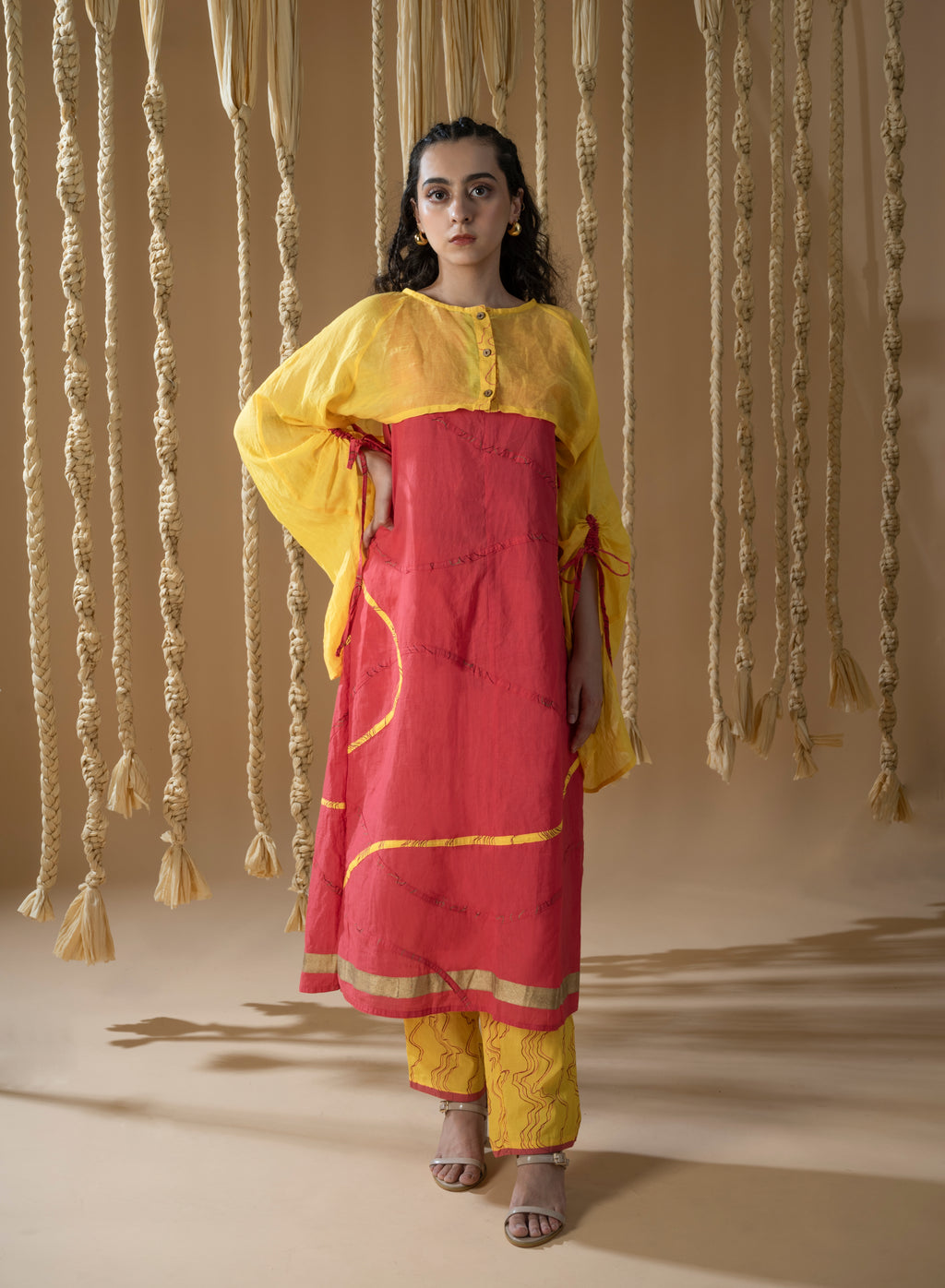 Aurum Pink & Yellow Kurta set with Shrug (Set of 3)