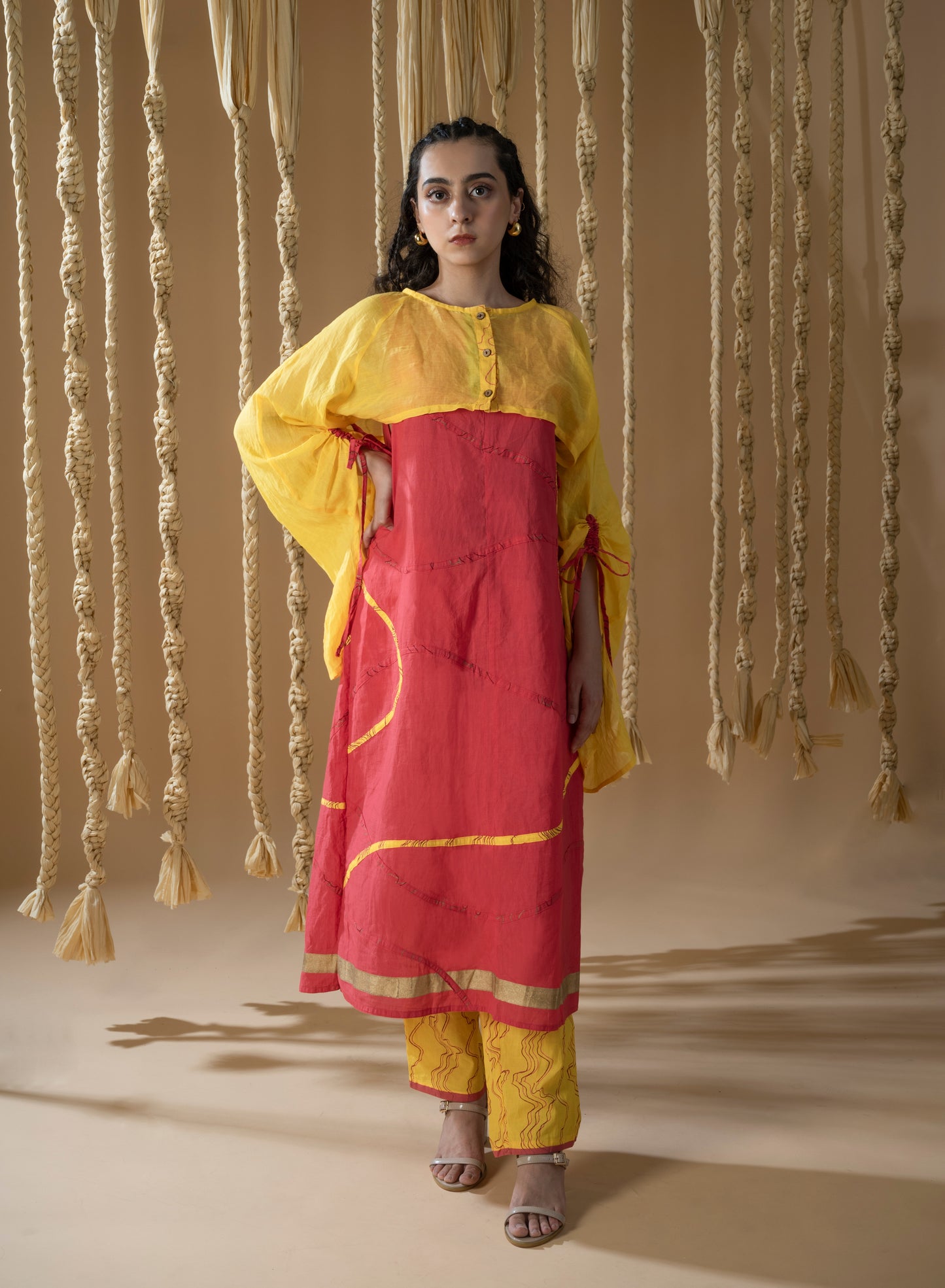 EOSS Aurum Pink & Yellow Kurta set with Overcoat (Set of 3)