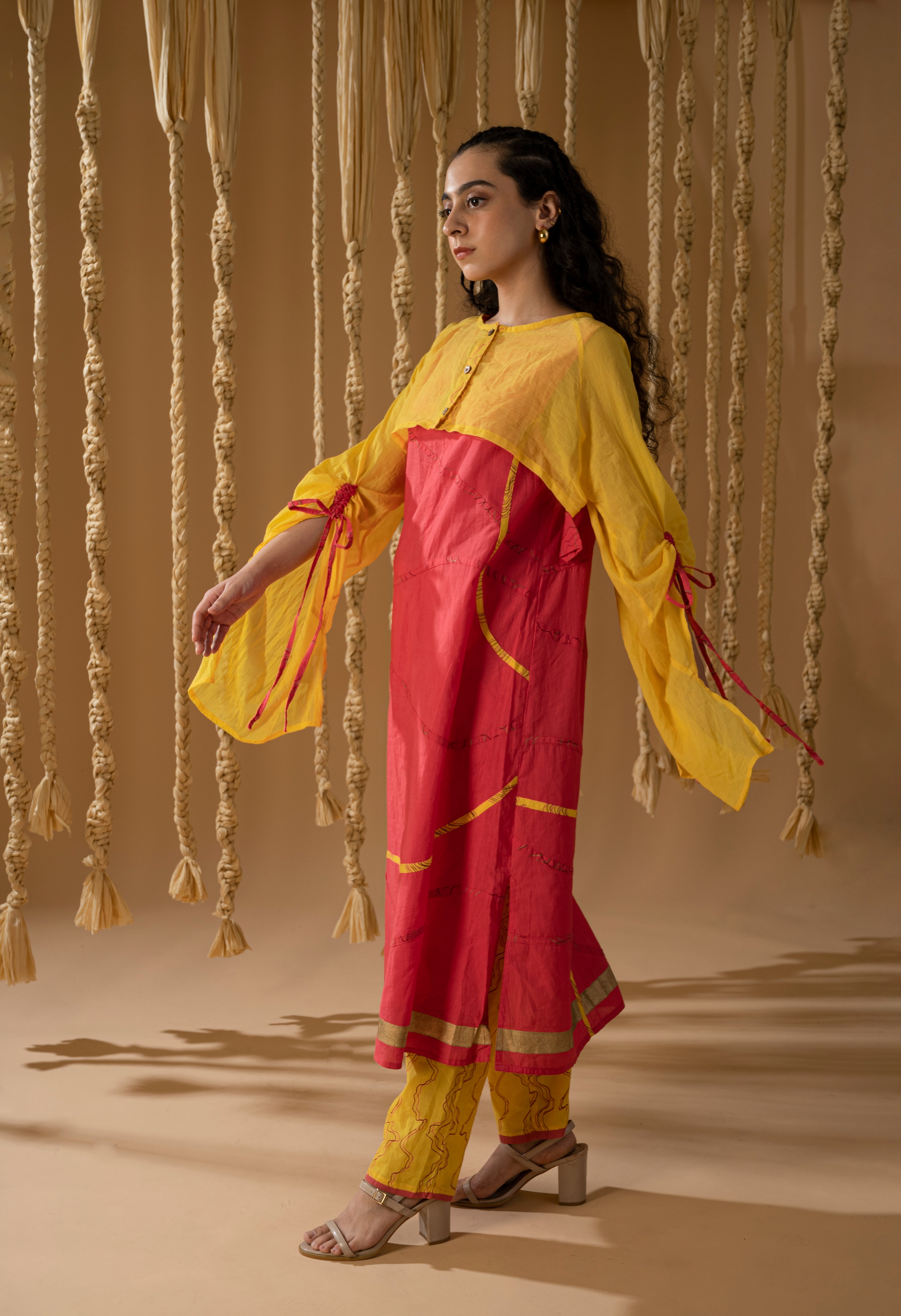 Aurum Pink & Yellow Kurta set with Shrug (Set of 3)