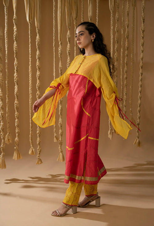 Aurum Pink & Yellow Kurta set with Shrug (Set of 3) - BANANA labs