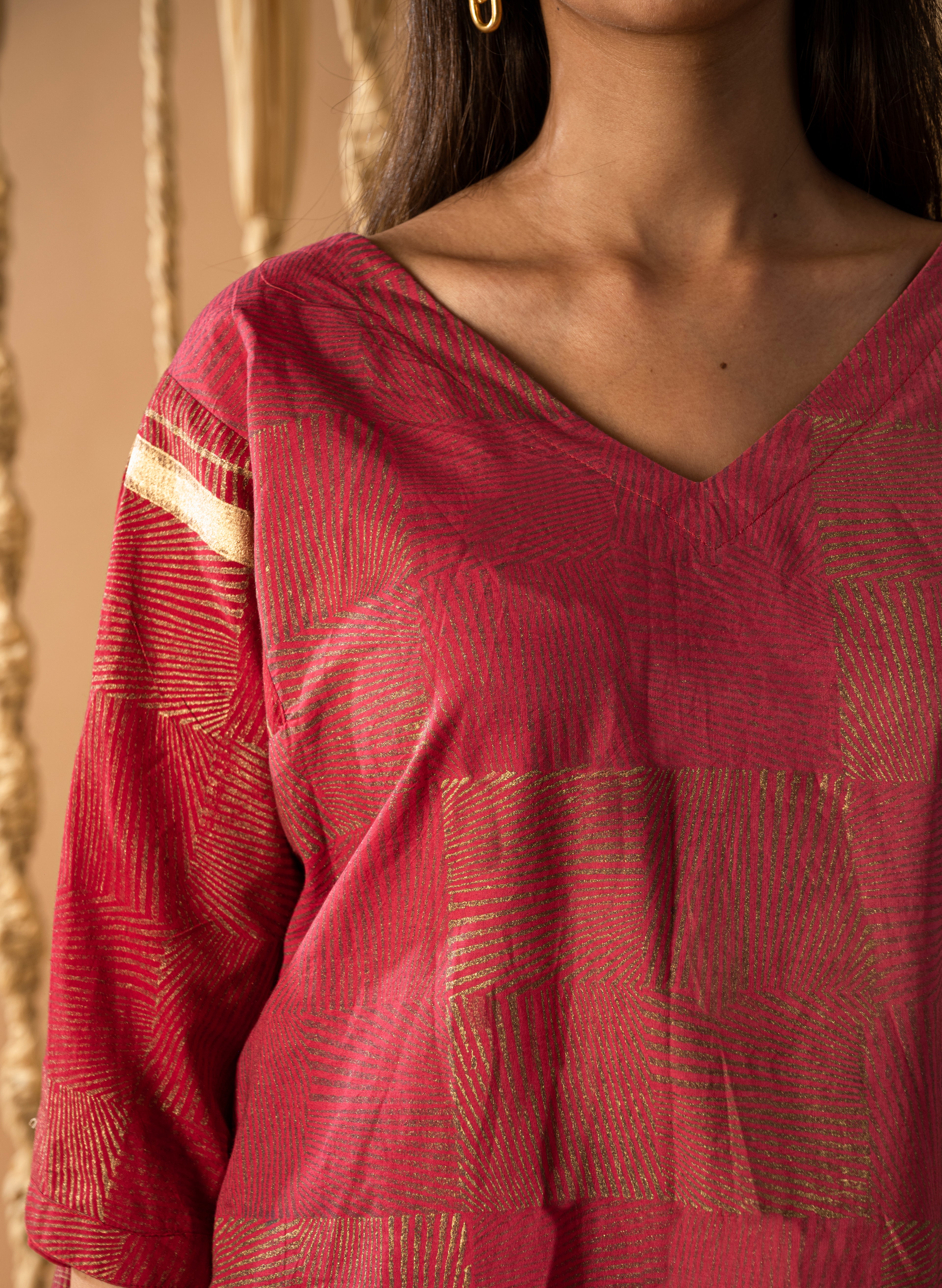 Aurum Chock Block Pink Kurta with Pants (Set of 2)
