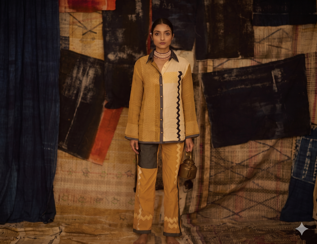 Sequence Repeat Shirt Kota Doria with Denim Edges