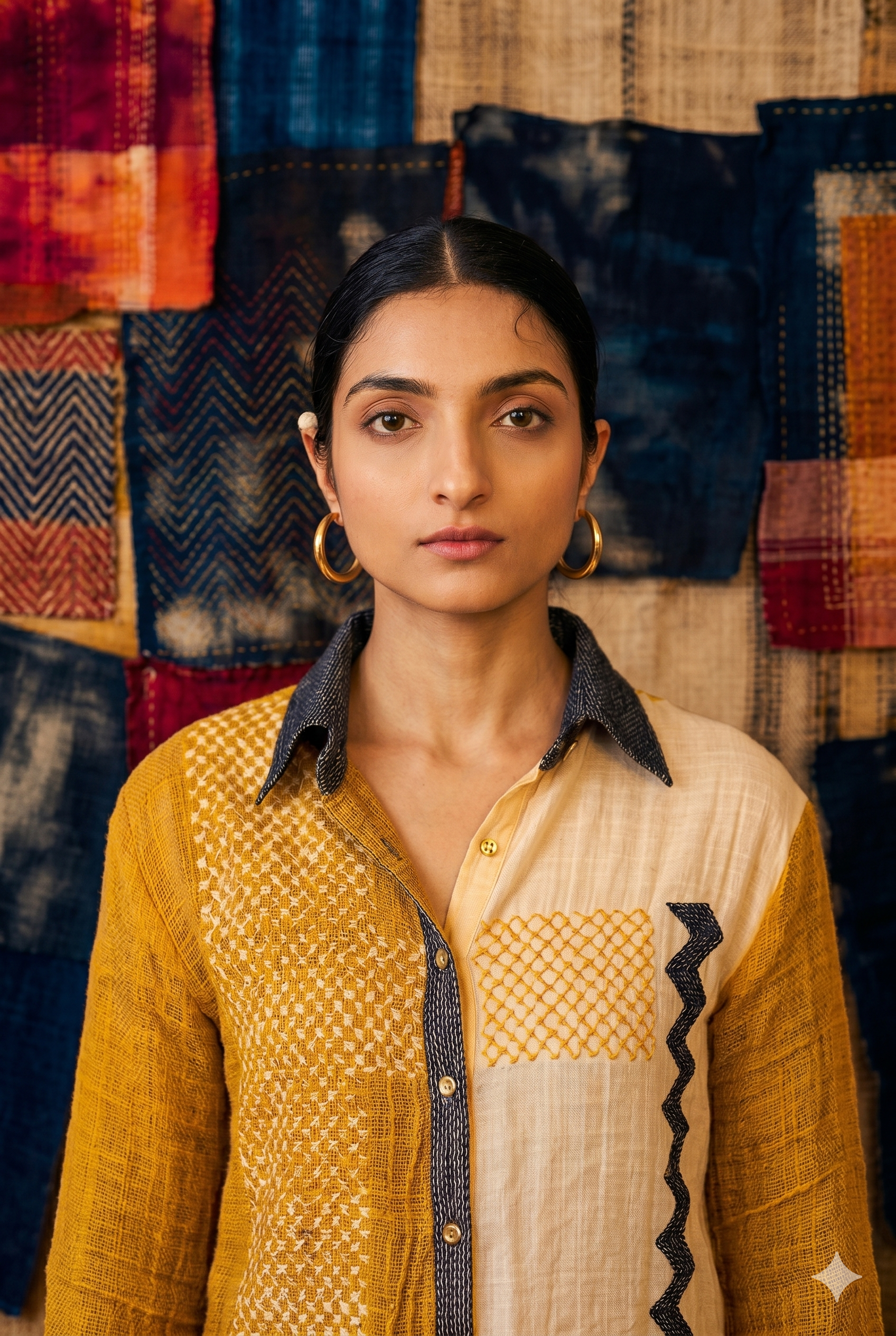 Sequence Repeat Shirt Kota Doria with Denim Edges