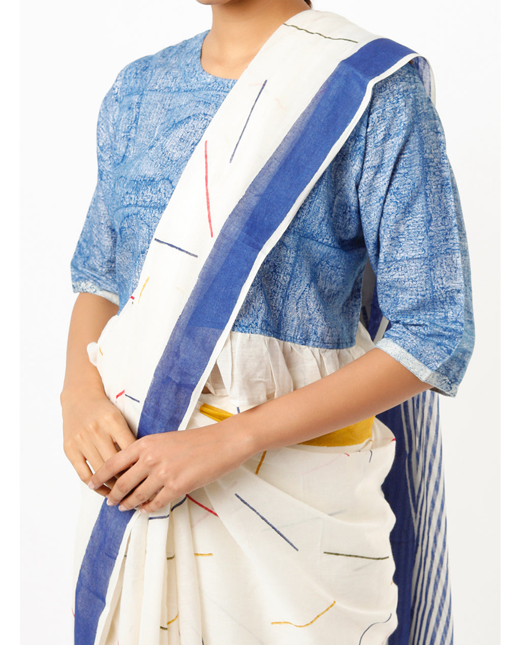 BANANA Yellow-Blue Sprinkle Saree with Blouse