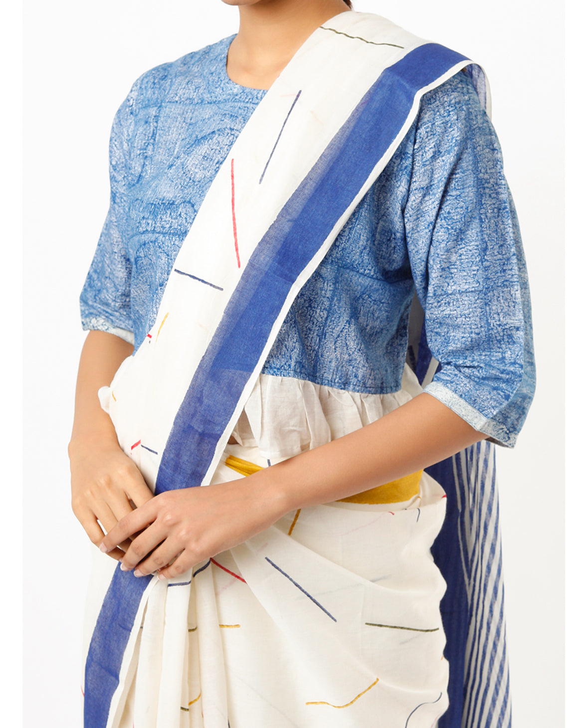 BANANA Yellow-Blue Sprinkle Saree with Blouse