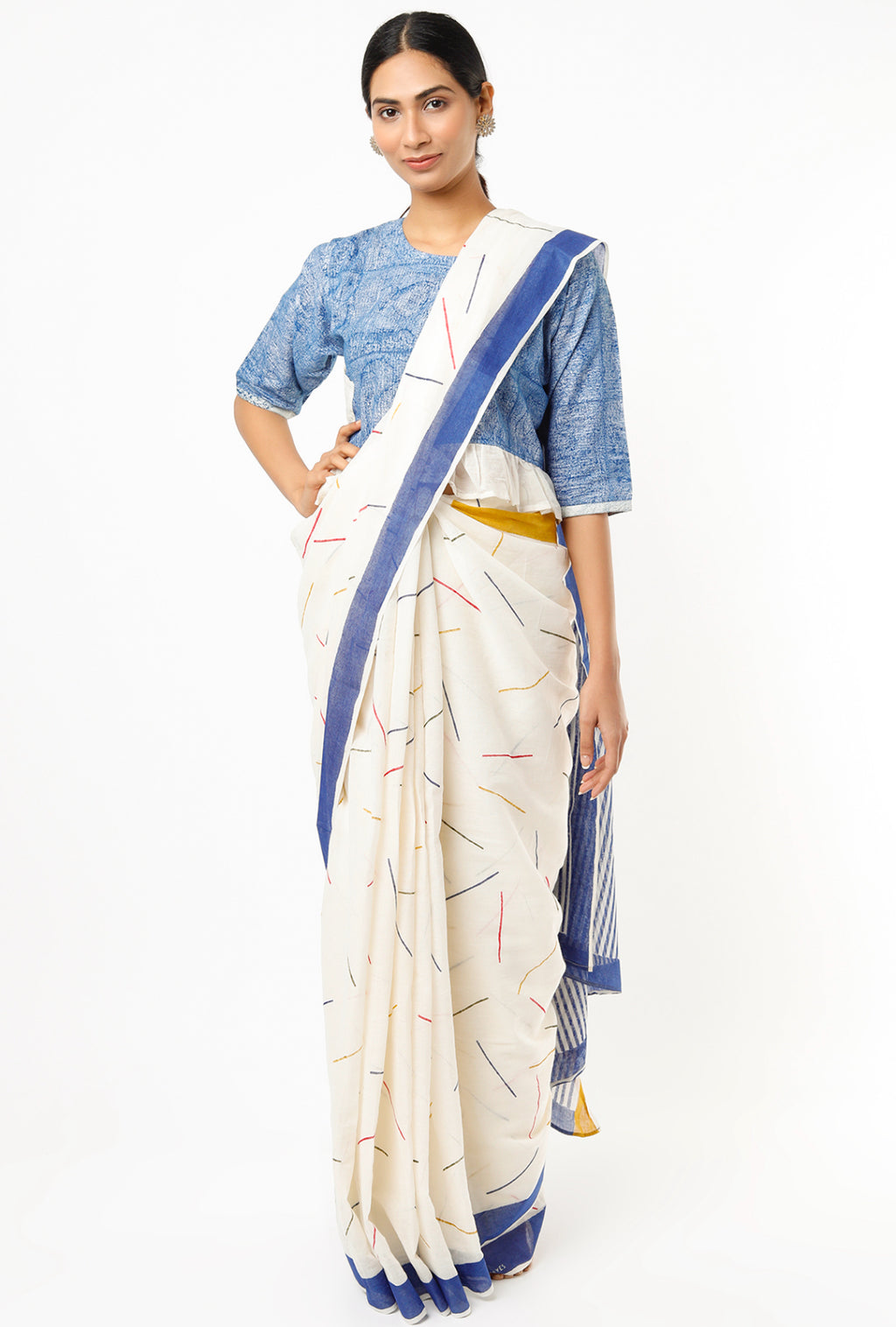BANANA Yellow-Blue Sprinkle Saree with Blouse