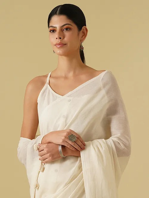 Silkwaves ESSENTIALS White Cotton Mul Saree