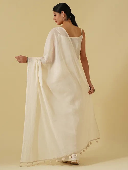 Silkwaves ESSENTIALS White Cotton Mul Saree