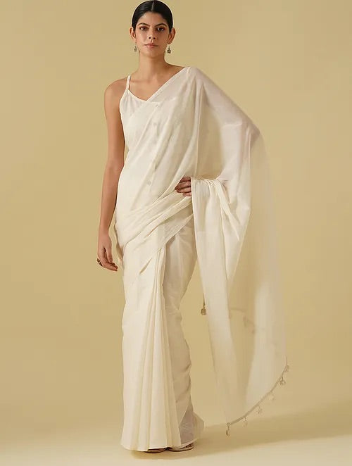 Silkwaves ESSENTIALS White Cotton Mul Saree