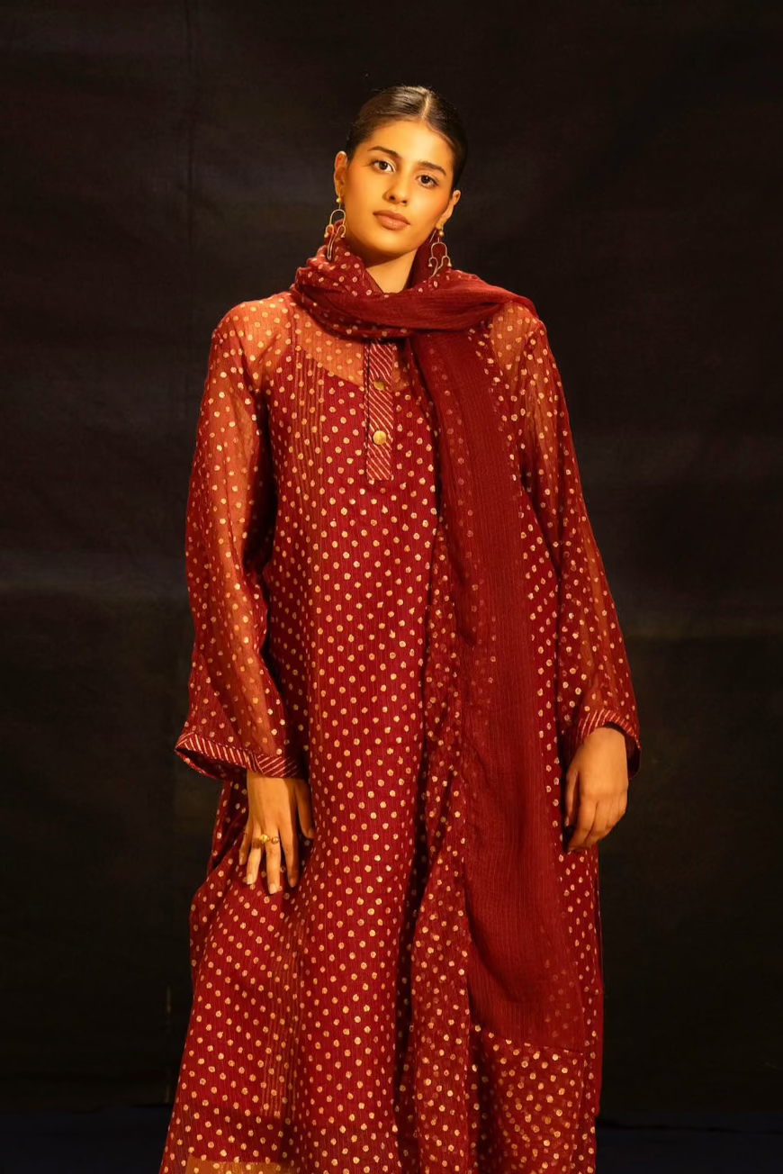 Illume Rivet Maroon Kota Kurta with Slip