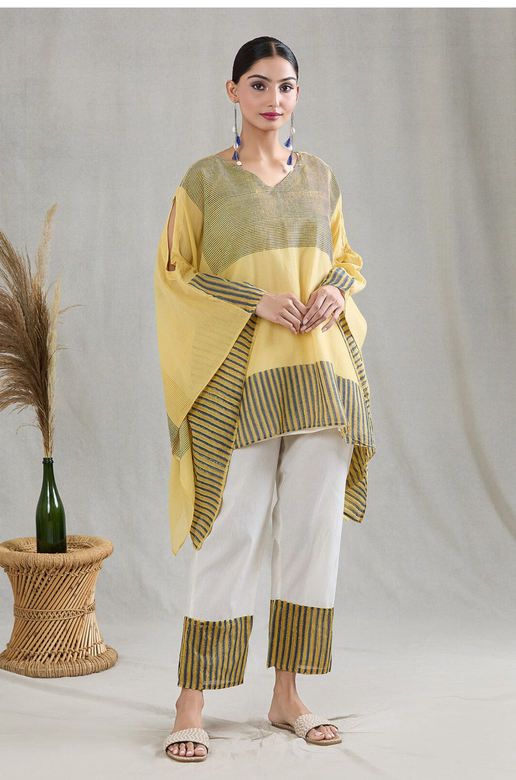 Lemon Yellow Kaftan with Pants and Slip (Set of 3)