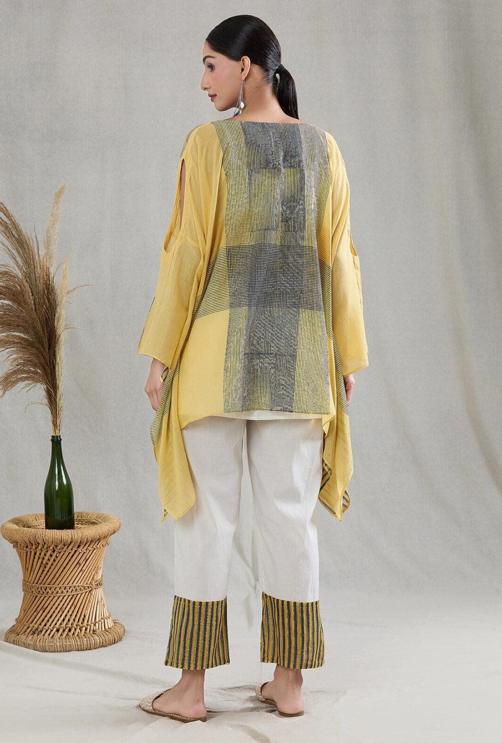 Lemon Yellow Kaftan with Pants and Slip (Set of 3)