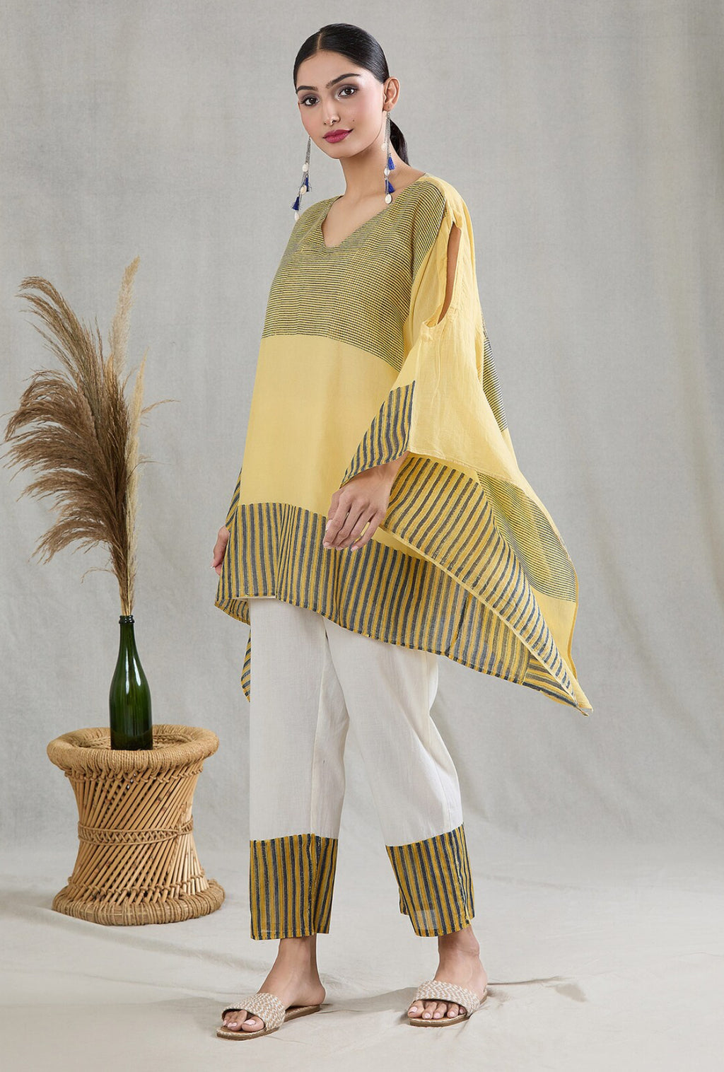 Lemon Yellow Kaftan with Pants and Slip (Set of 3)