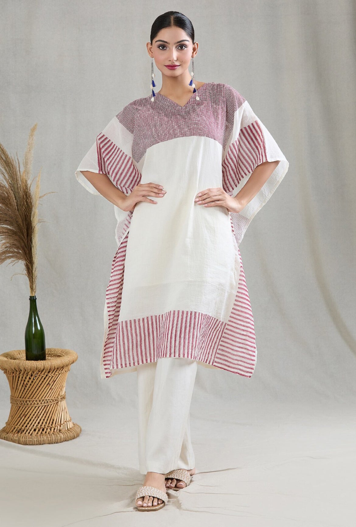 Crossroads White and Pink Kaftan with Pants and Dupatta (Set of 3)