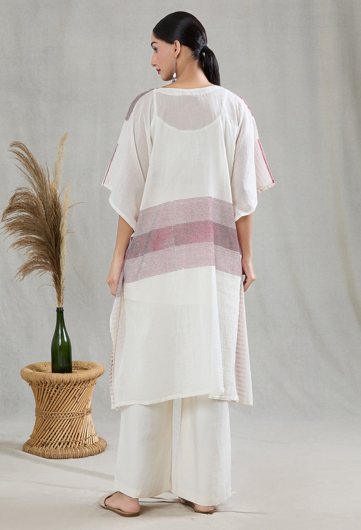 Crossroads White and Pink Kaftan with Pants and Dupatta (Set of 3)