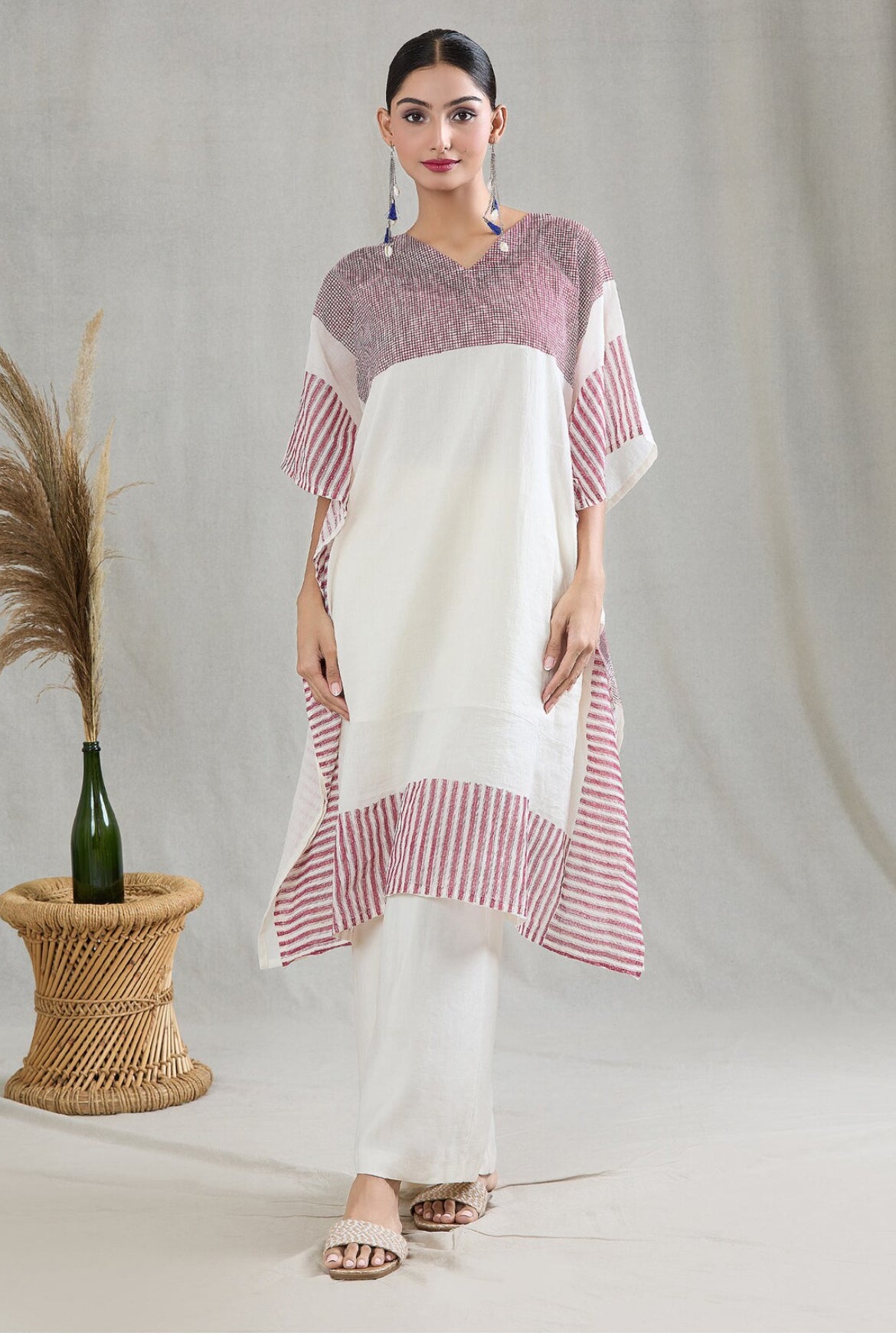 Crossroads White and Pink Kaftan with Pants and Dupatta (Set of 3)