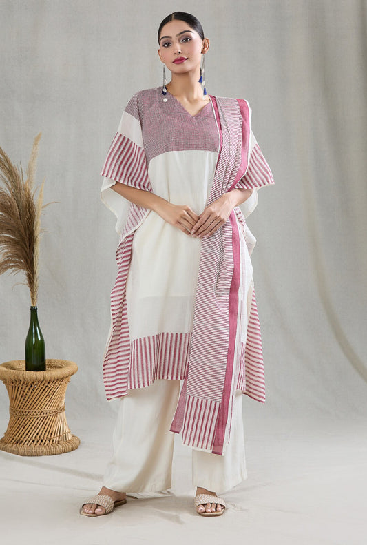 White and Pink Stripe Kaftan with Pants and Stole (Set of 3)