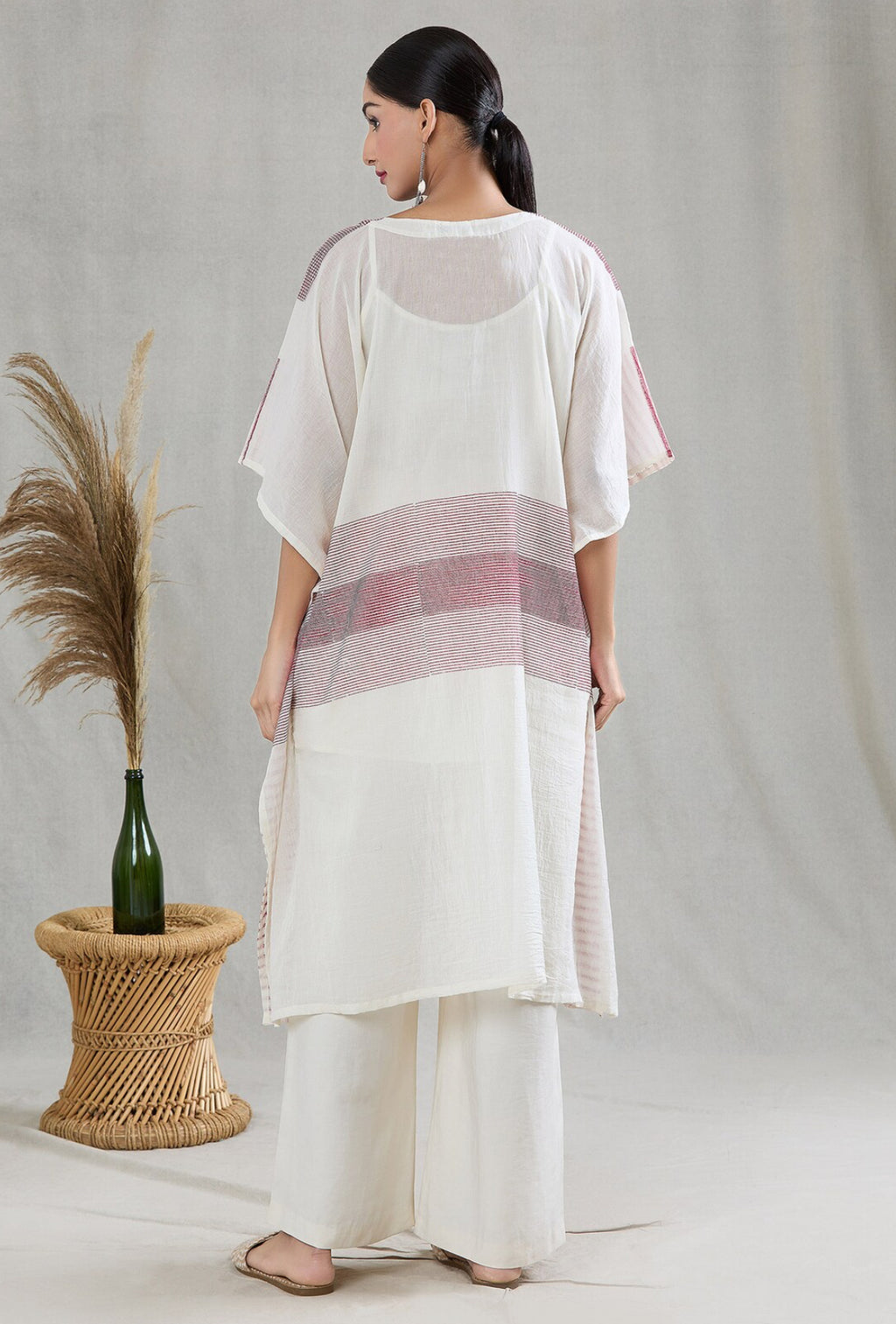 White and Pink Stripe Kaftan with Pants and Stole (Set of 3)