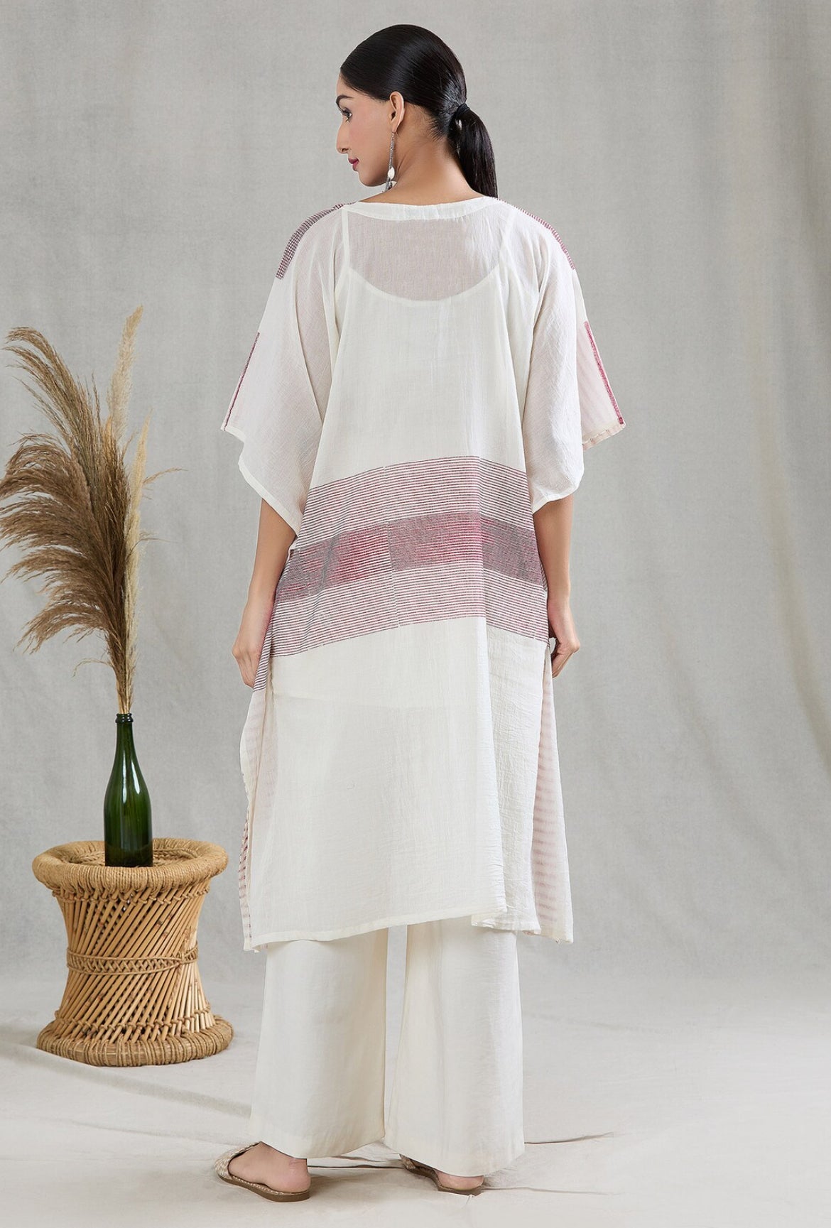 White and Pink Stripe Kaftan with Pants and Stole (Set of 3)