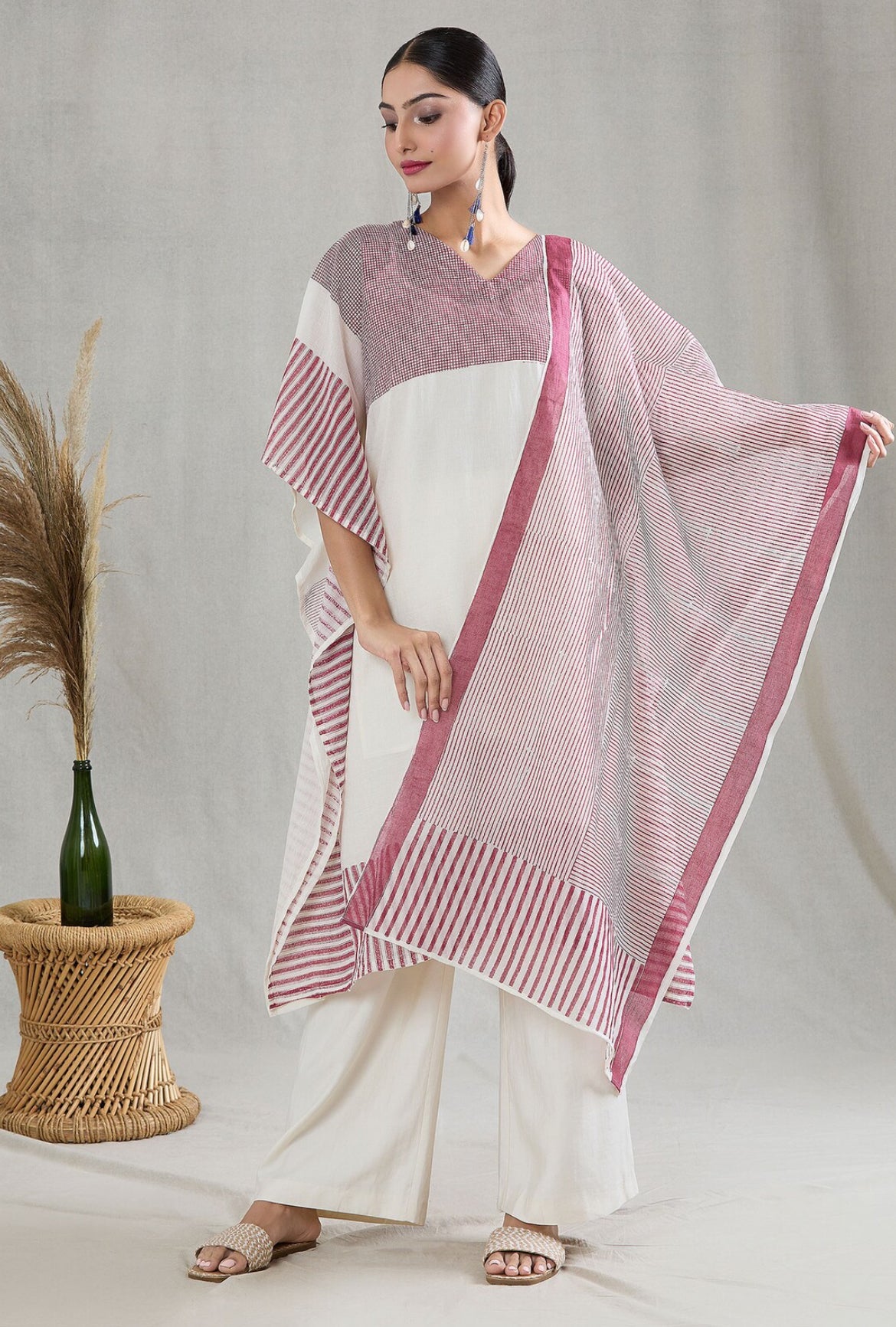 White and Pink Stripe Kaftan with Pants and Stole (Set of 3)