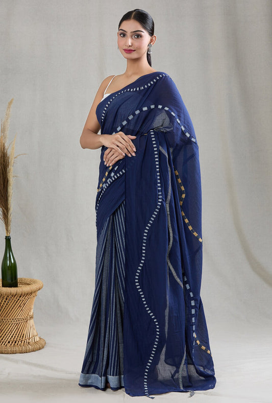 Crossroads Rhythm 3D Wave Navy Saree