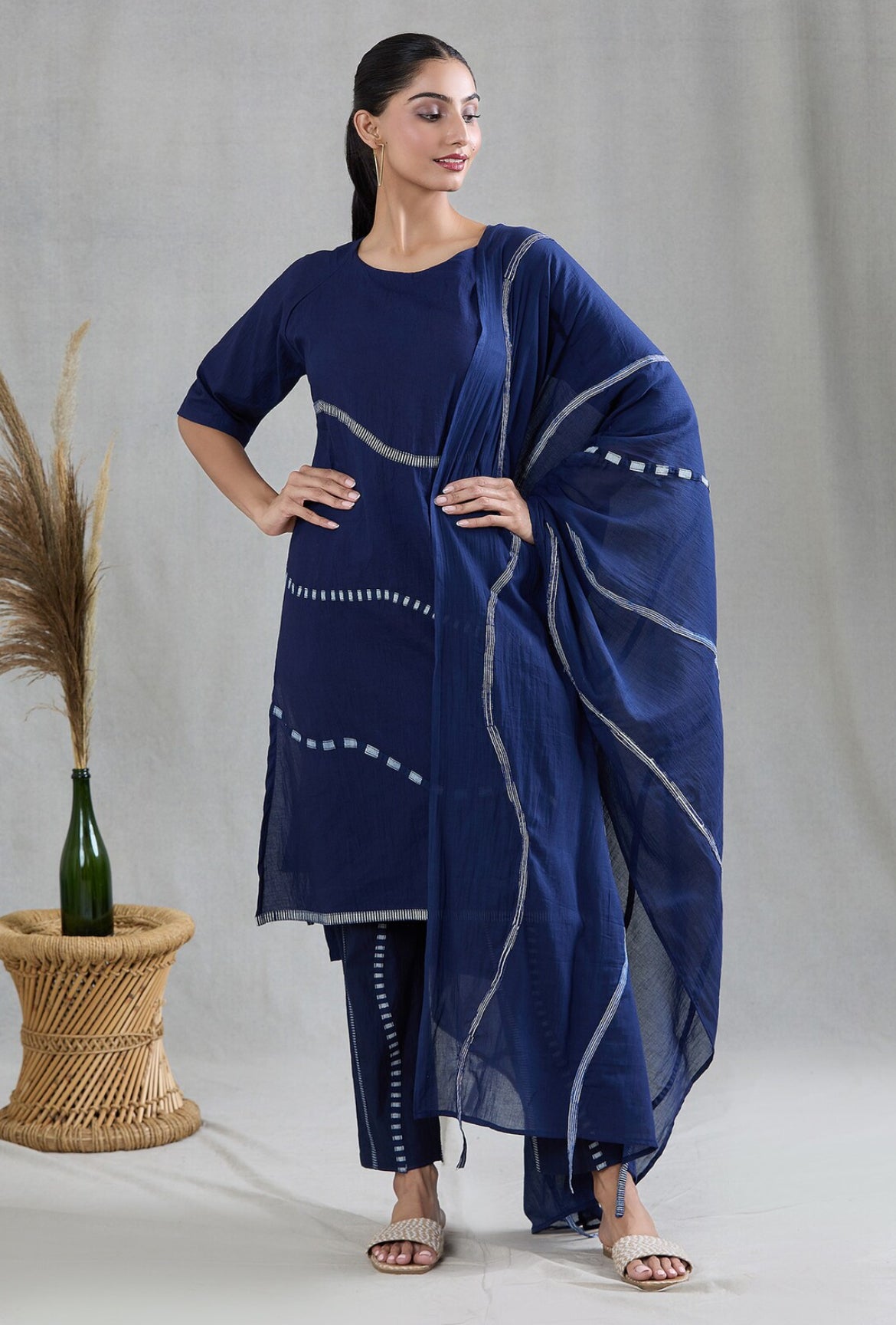 Crossroads Navy and White 3d dupatta Kurta Set (Set of 3)