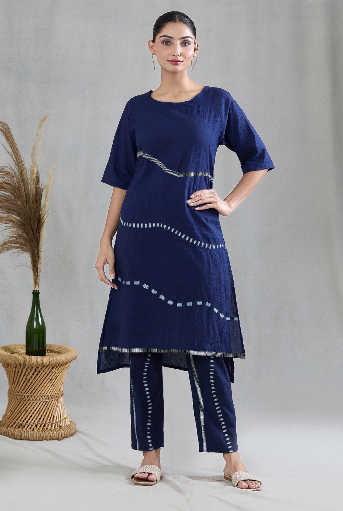 Crossroads Navy and White Wave Kurta and Pant Set