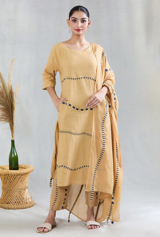 Crossroads Beige Navy Kurta Set (Set of 3)