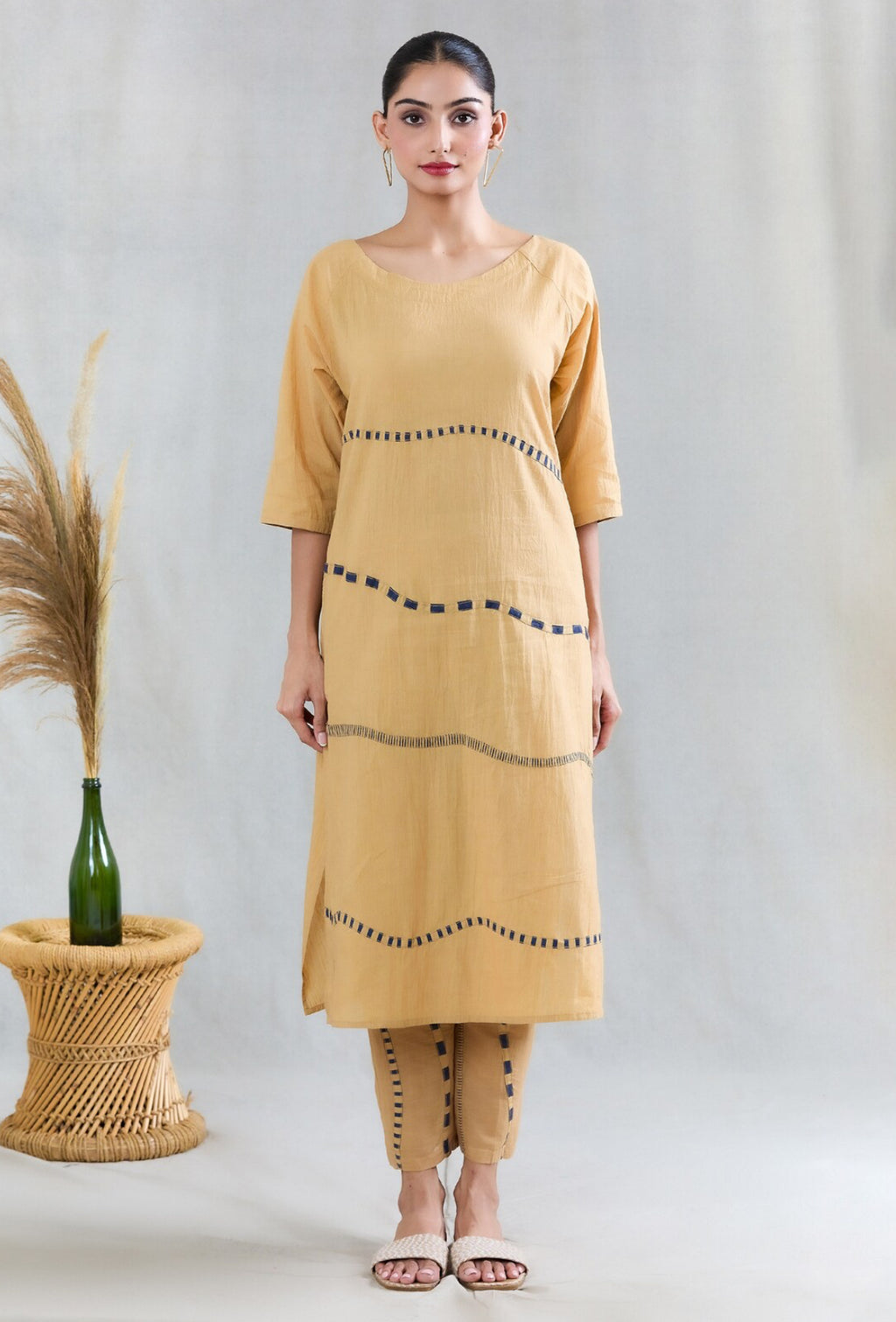Crossroads Beige Navy Wave Kurta Set