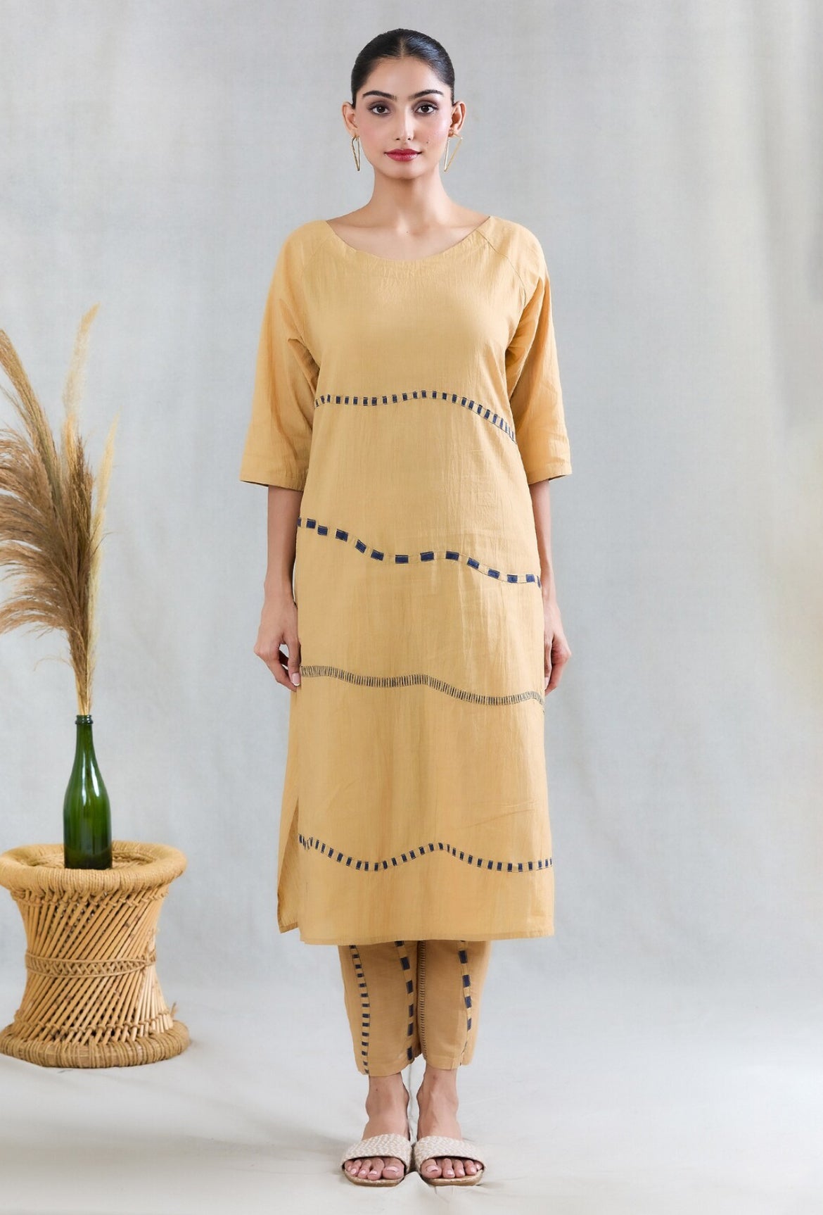 Crossroads Beige Navy Wave Kurta Set
