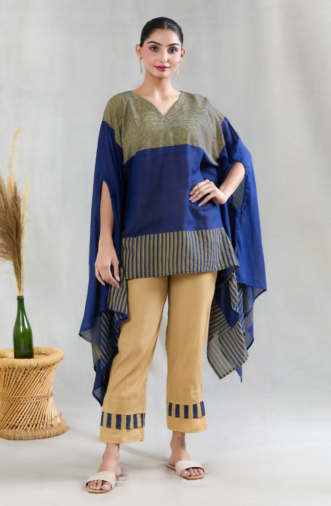 Navy and Beige Short Kaftan with Pants (Set of 2)