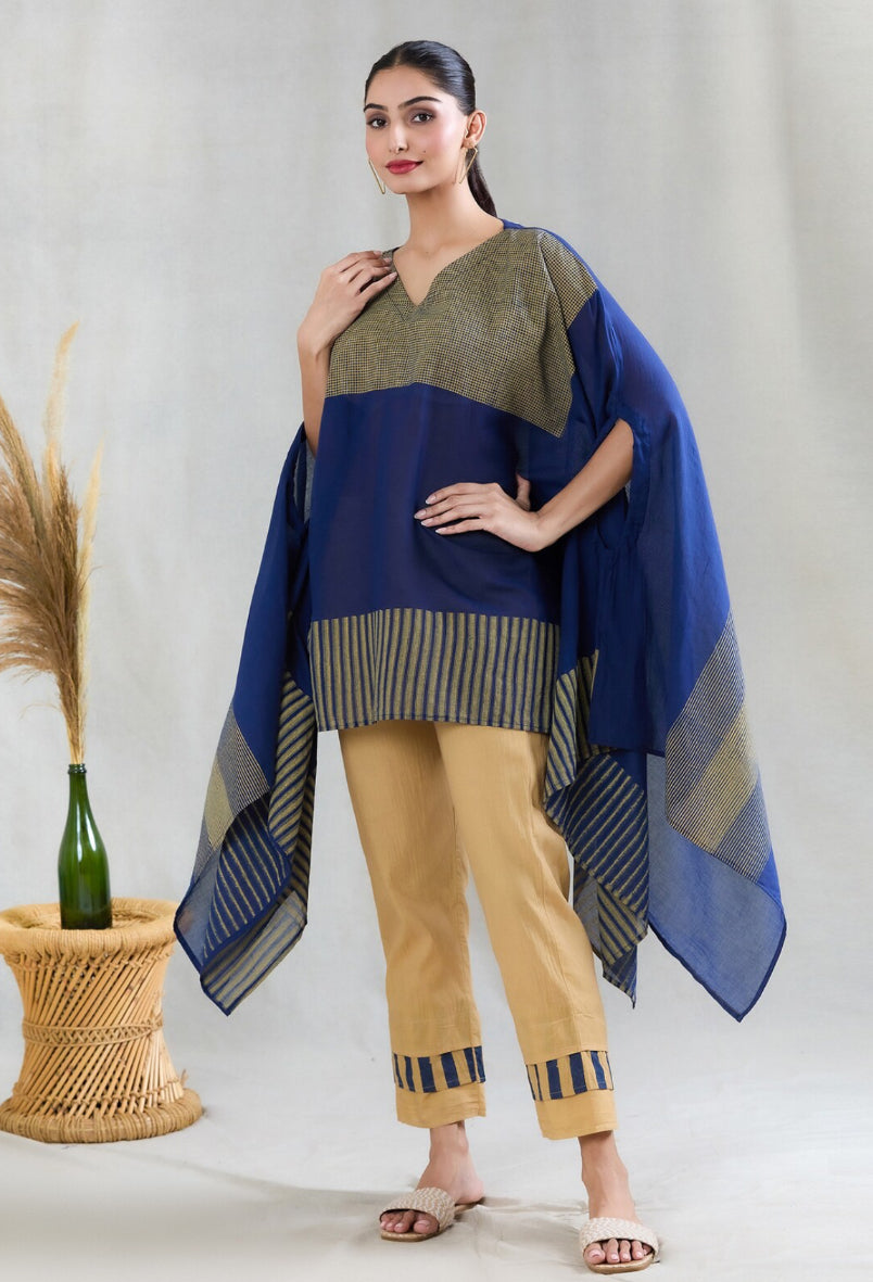 Navy and Beige Short Kaftan with Pants (Set of 2)