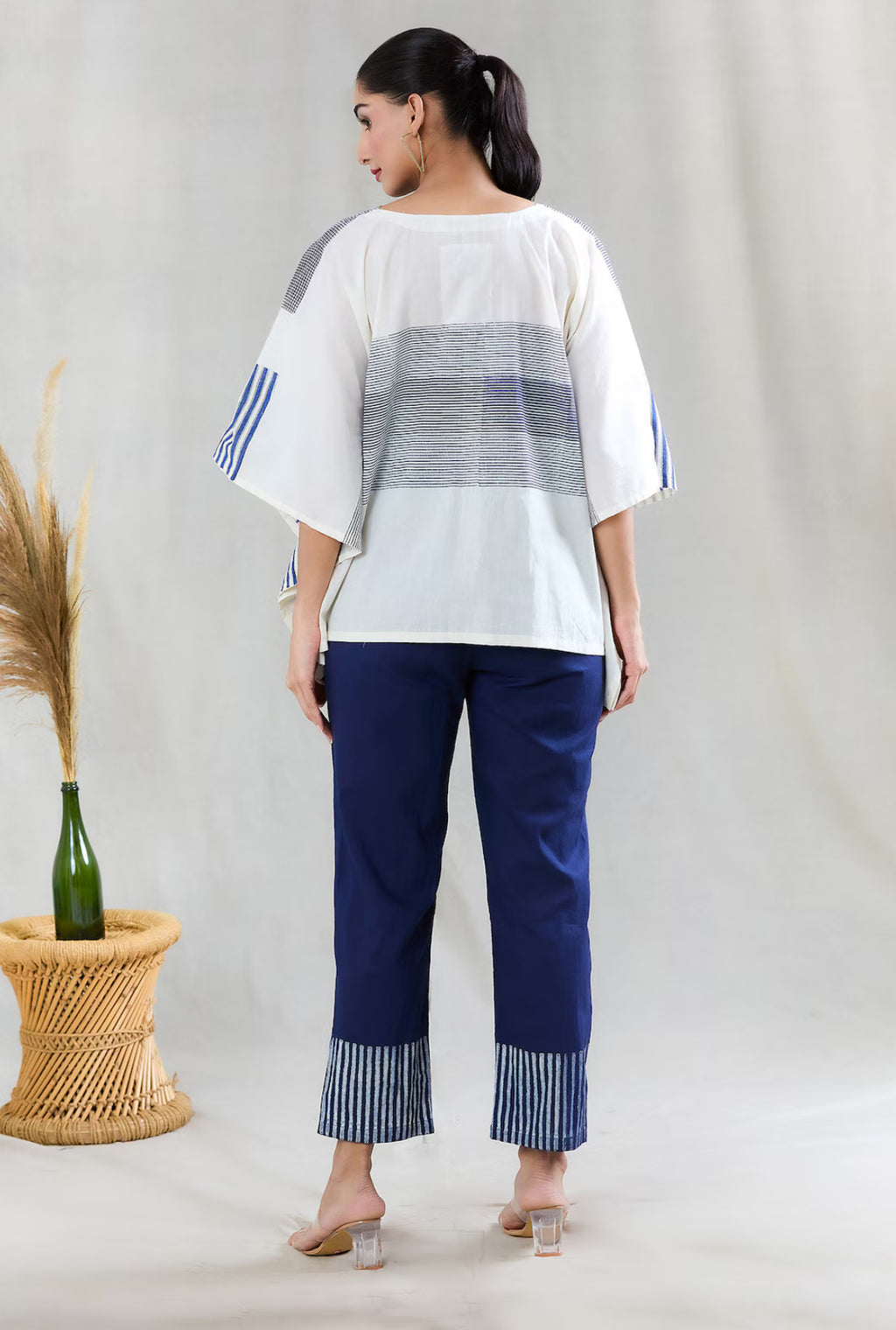 White and Navy Short Kaftan with Pants (Set of 2)