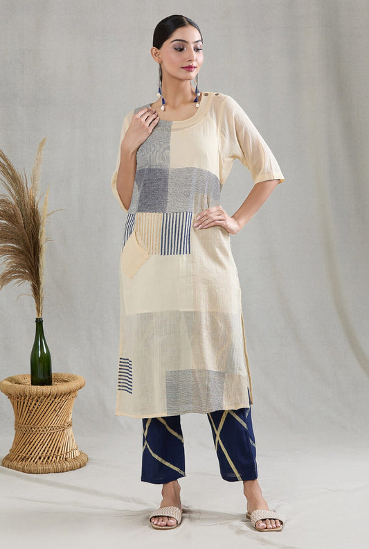 Crossroads White and Navy Kurta and Pant Set