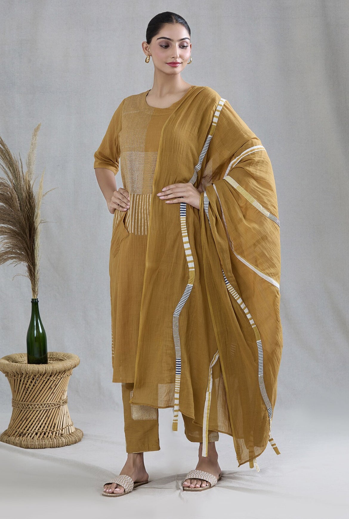 Crossroads Yellow and White 3d dupatta Kurta Set (Set of 3)