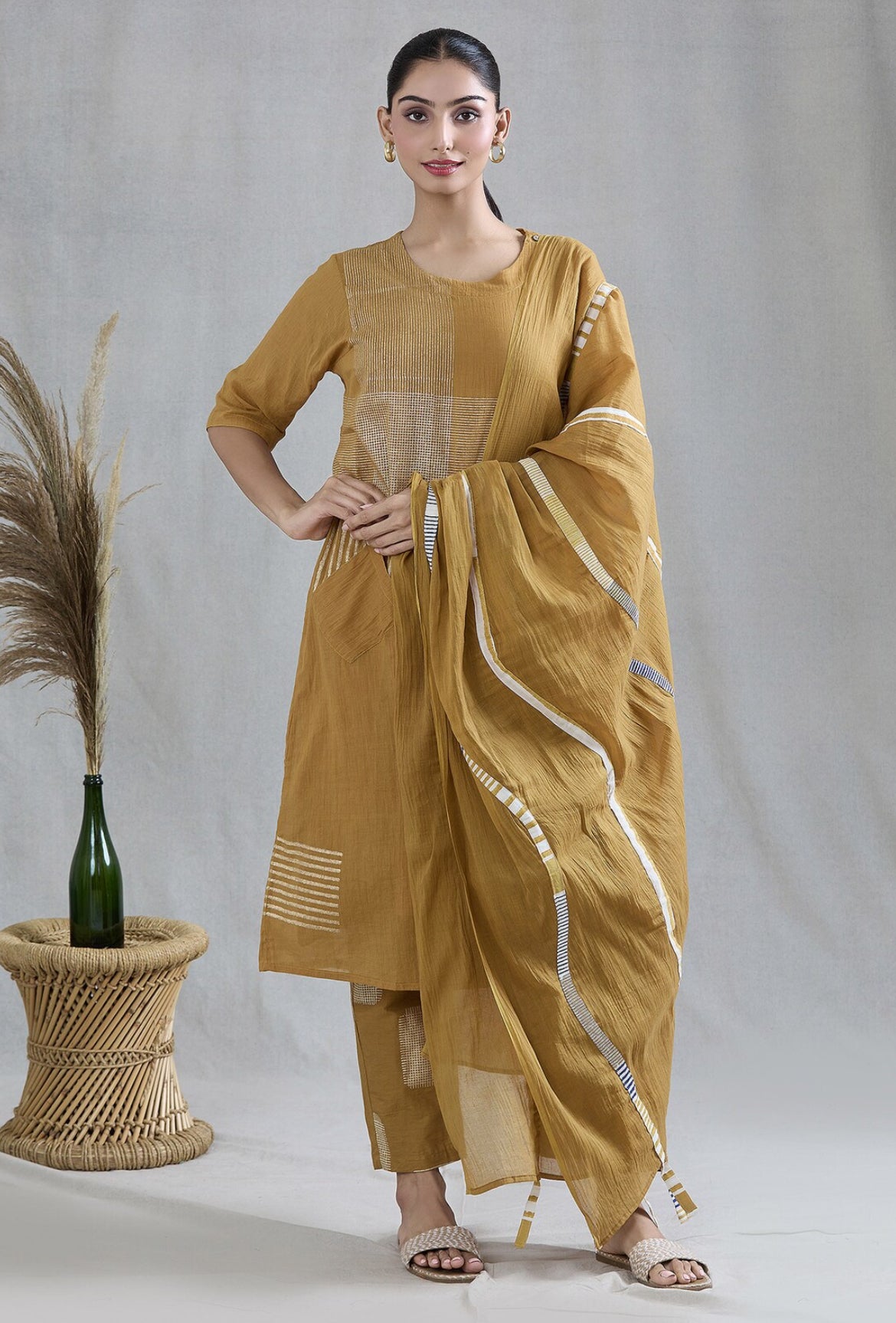 Crossroads Yellow and White 3d dupatta Kurta Set (Set of 3)