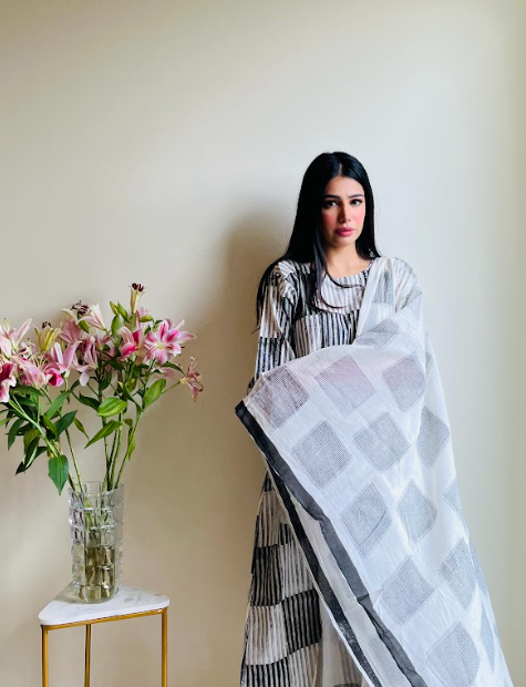 Monochrome Black And White Box Kurta Set [ Set of 3]