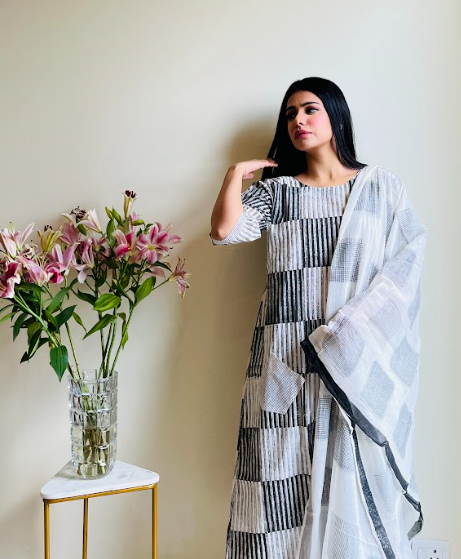 Monochrome Black And White Box Kurta Set [ Set of 3]