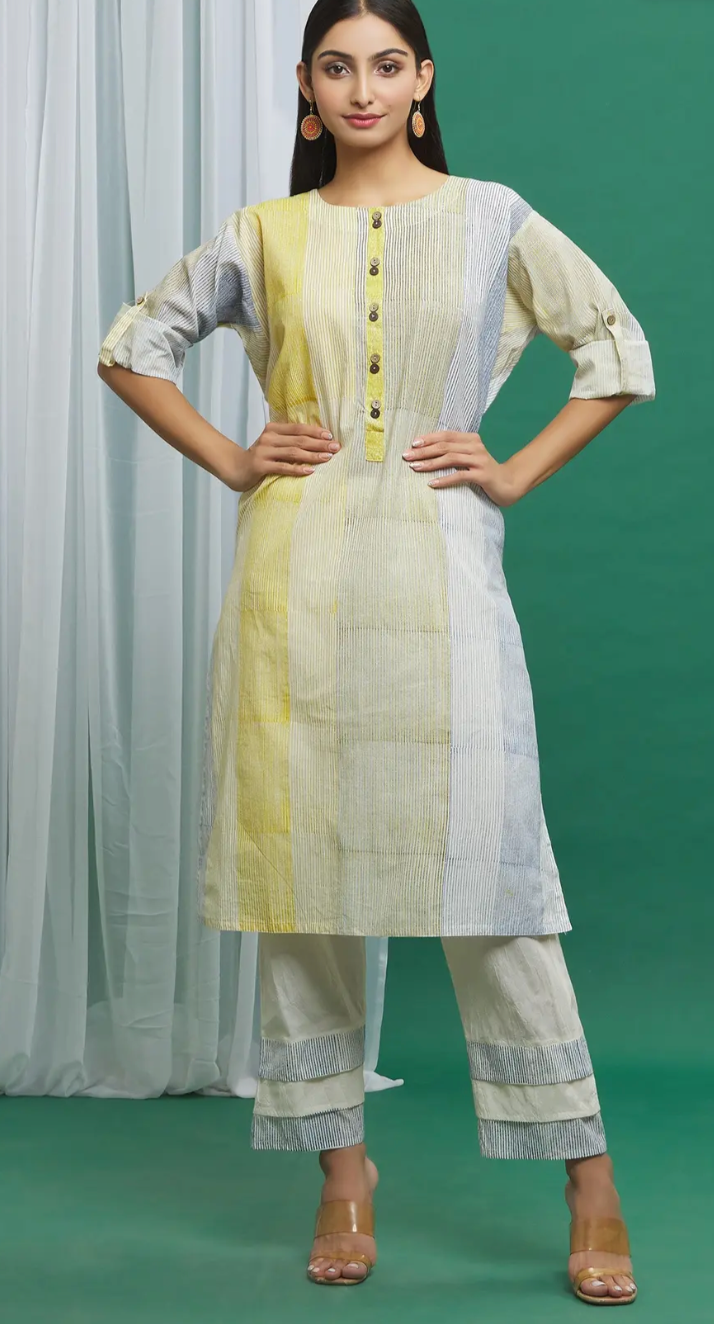 Yellow Cotton Striped Kurta