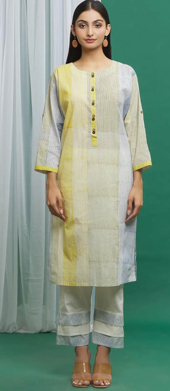 Yellow Cotton Striped Kurta