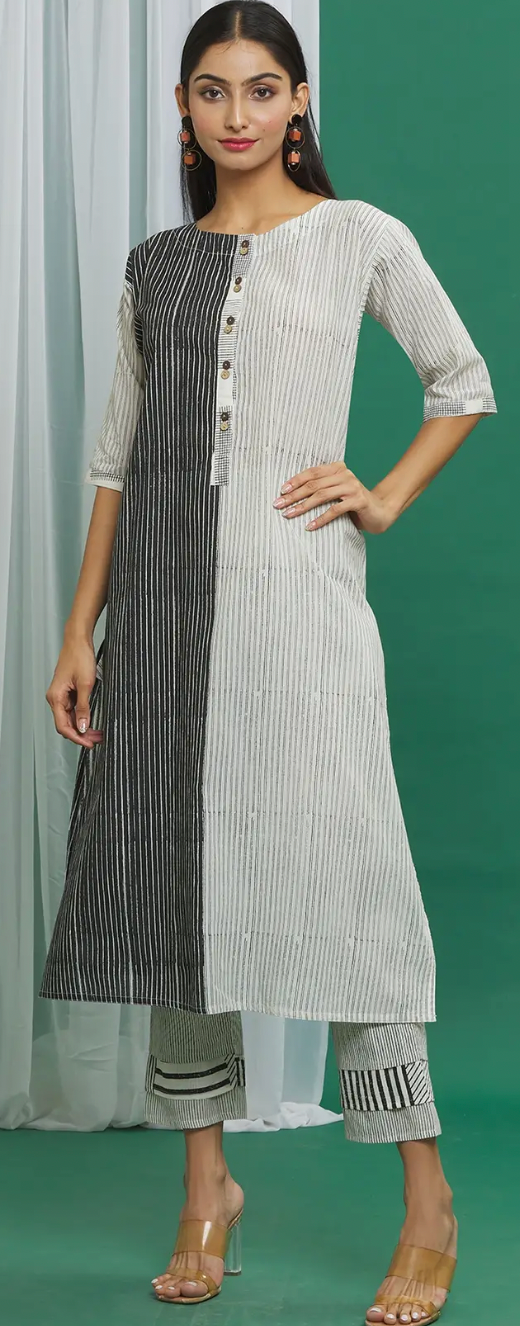 Monochrome Cotton Colorblock Striped Kurta