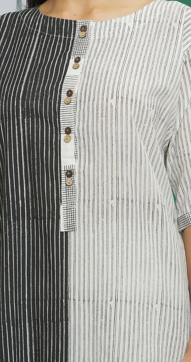 Monochrome Cotton Colorblock Striped Kurta