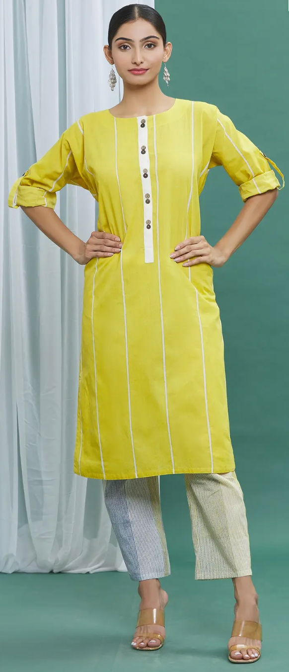 Yellow Cotton Printed Striped Kurta