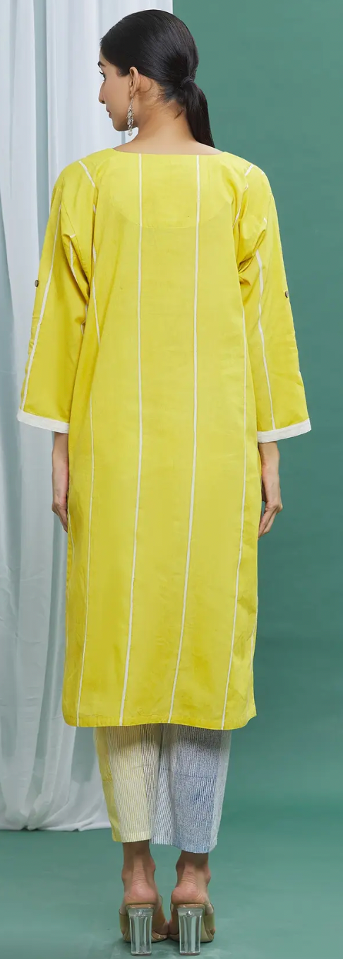 Yellow Cotton Printed Striped Kurta